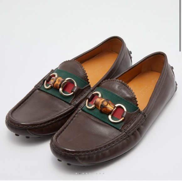 GUCCI LOAFER LETHER DARK BROWN WEB BAMBOO SLIP ON LOAFER SIZE 38 - Picture 1 of 9